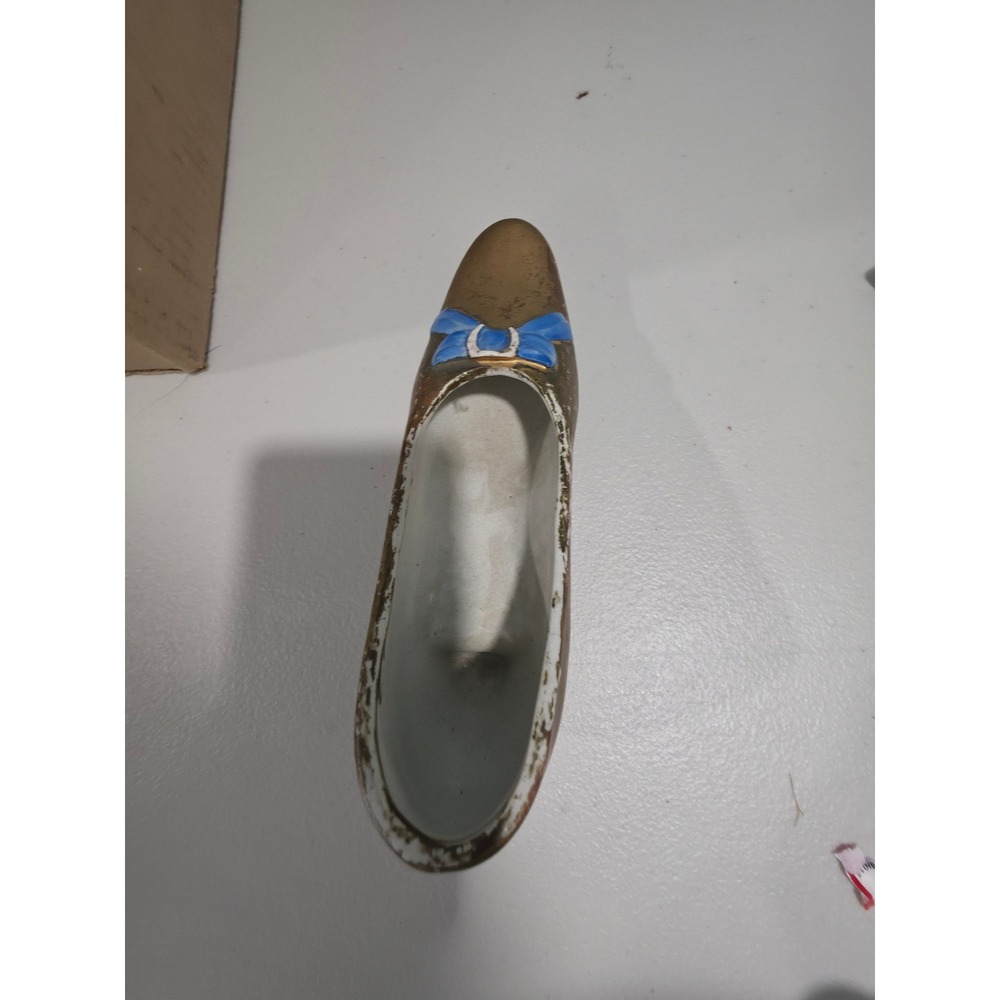 Vintage Ceramic Shoe Planter Gold with Blue Bow Hand Painted Trinket Dish Decor - Picture 6 of 6